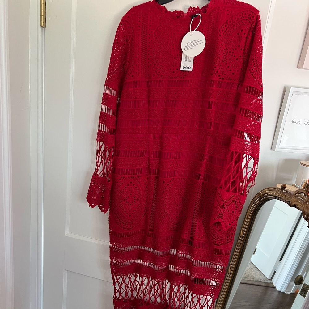 Red BooHoo midi dress